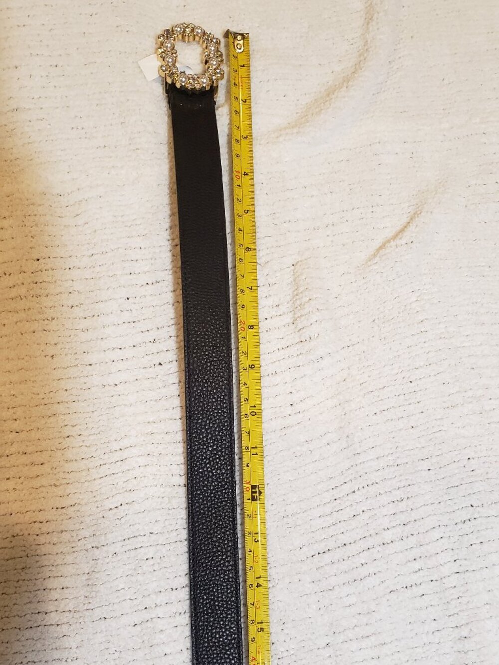 Talbots black adjustable belt, faux pearl and rhinestone clasp